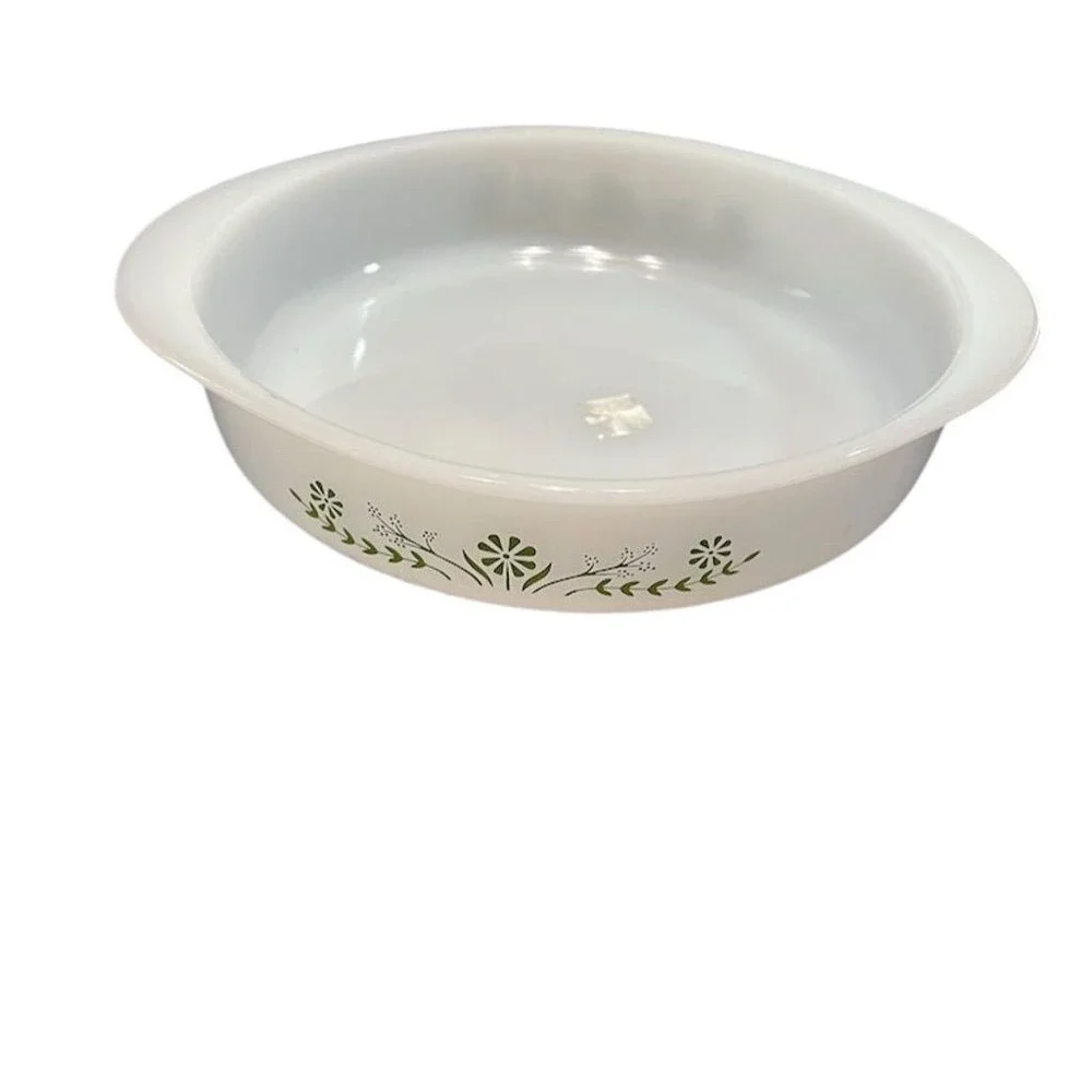 Vintage Glasbake Round Casserole Dish Green Floral Design 1960s